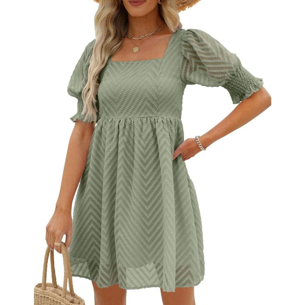 WEESO Womens Summer Puff Sleeve Square Neck Empire Waist Babydoll Dress, Small